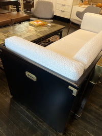 Marge Carson style campaign daybed, brass hardware and storage drawers below the bed. Cushions freshly reupholstered. Bed was freshly lacquered. ready to place.
