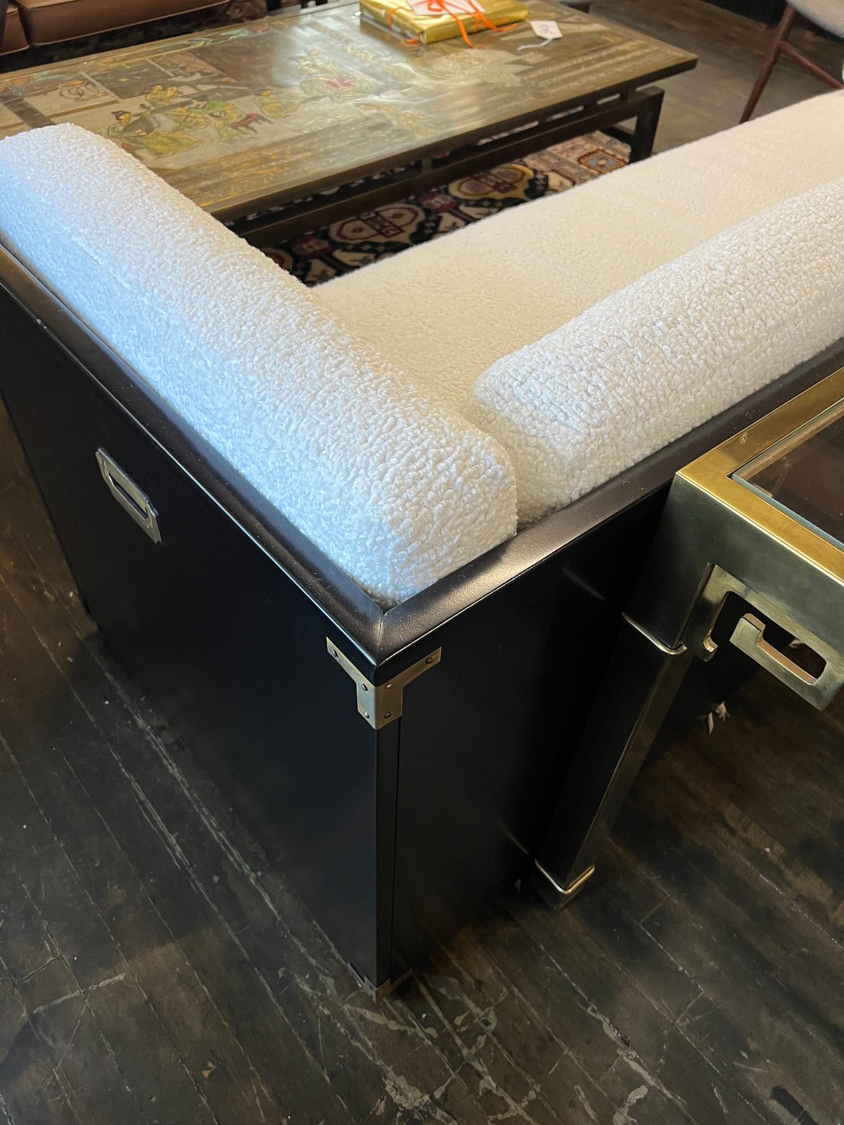 Marge Carson style campaign daybed, brass hardware and storage drawers below the bed. Cushions freshly reupholstered. Bed was freshly lacquered. ready to place.