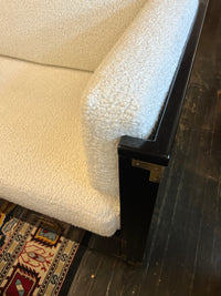 Marge Carson style campaign daybed, brass hardware and storage drawers below the bed. Cushions freshly reupholstered. Bed was freshly lacquered. ready to place.