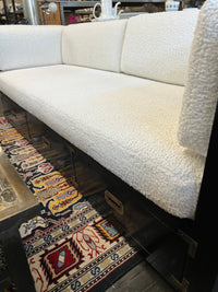Marge Carson style campaign daybed, brass hardware and storage drawers below the bed. Cushions freshly reupholstered. Bed was freshly lacquered. ready to place.