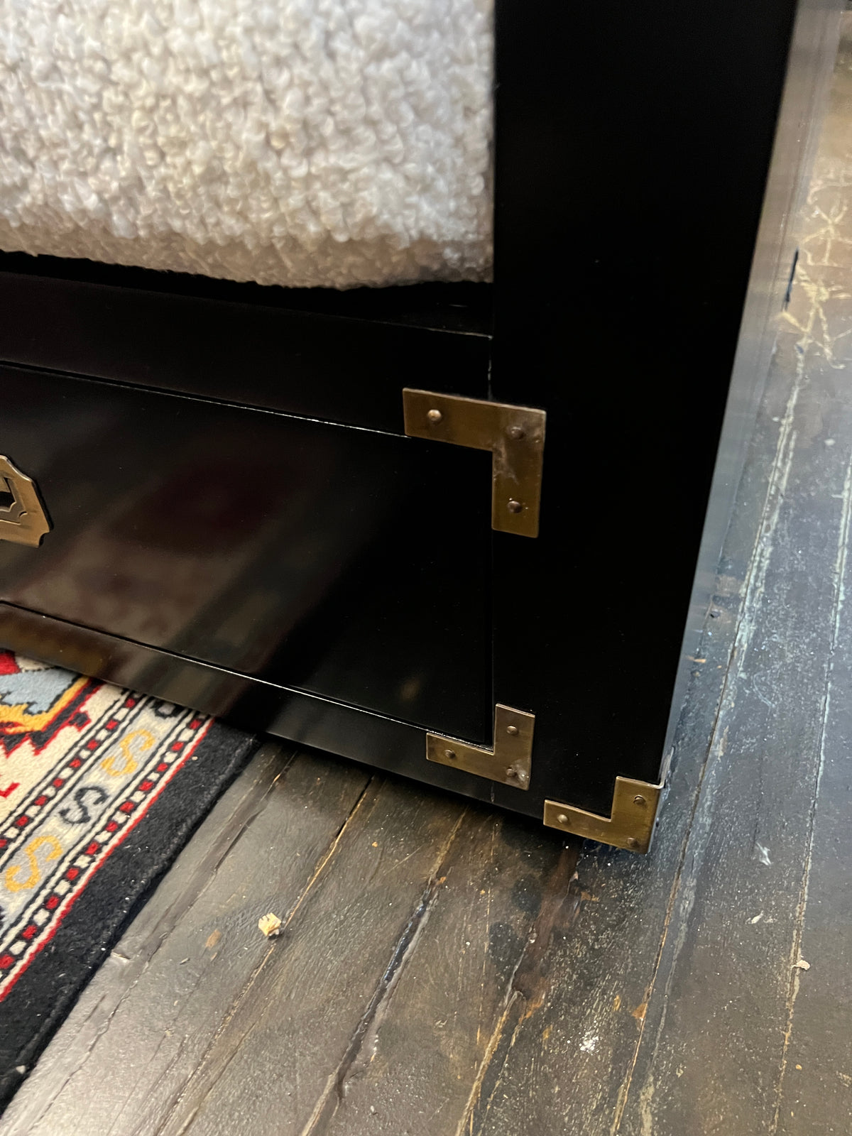 Marge Carson style campaign daybed, brass hardware and storage drawers below the bed. Cushions freshly reupholstered. Bed was freshly lacquered. ready to place.