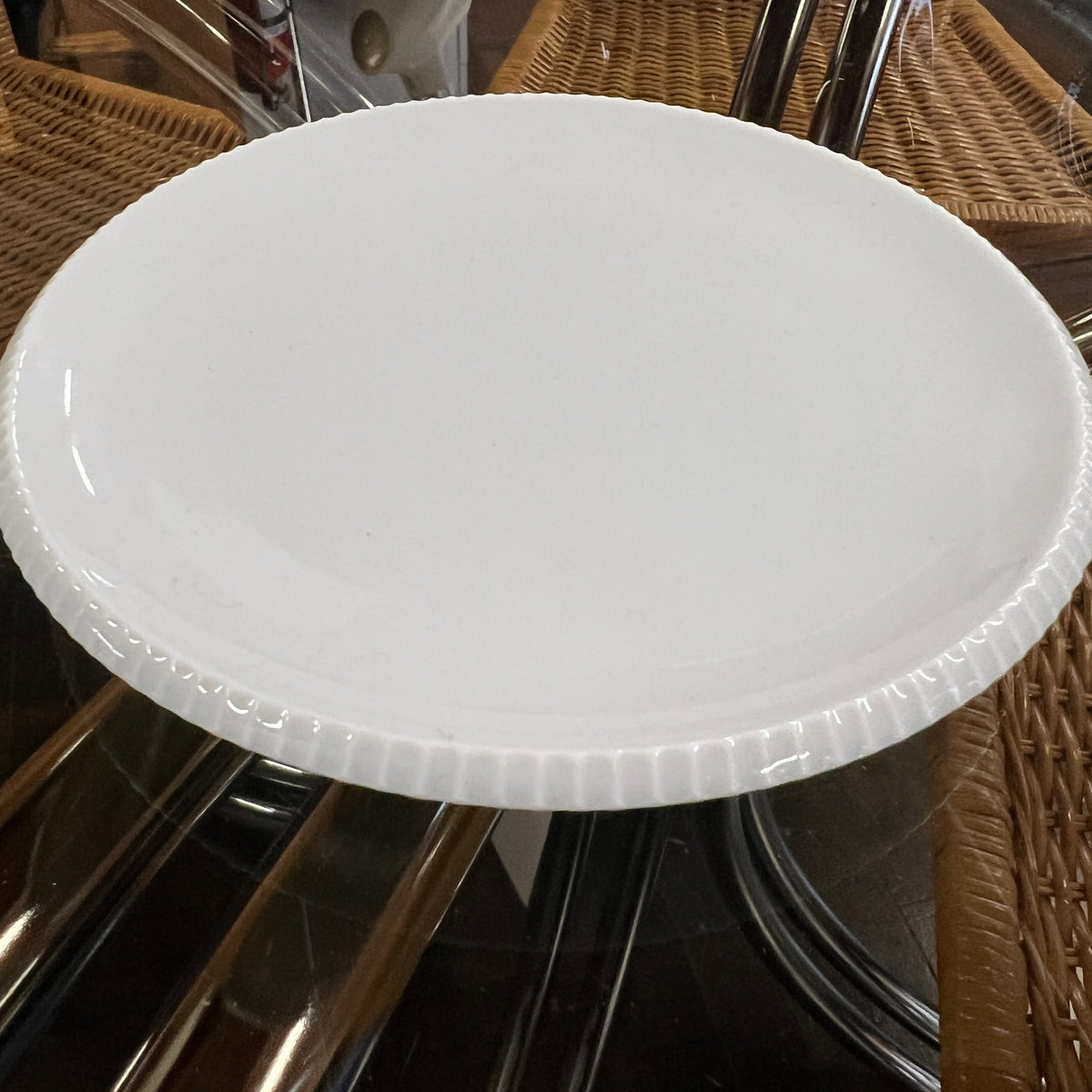 Designed by Sigvard Bernadotte for B&G. White dinner service with scalloped edges.  Dinner plates (10) , salad plates (13) and bread plates(12). Mid-Century