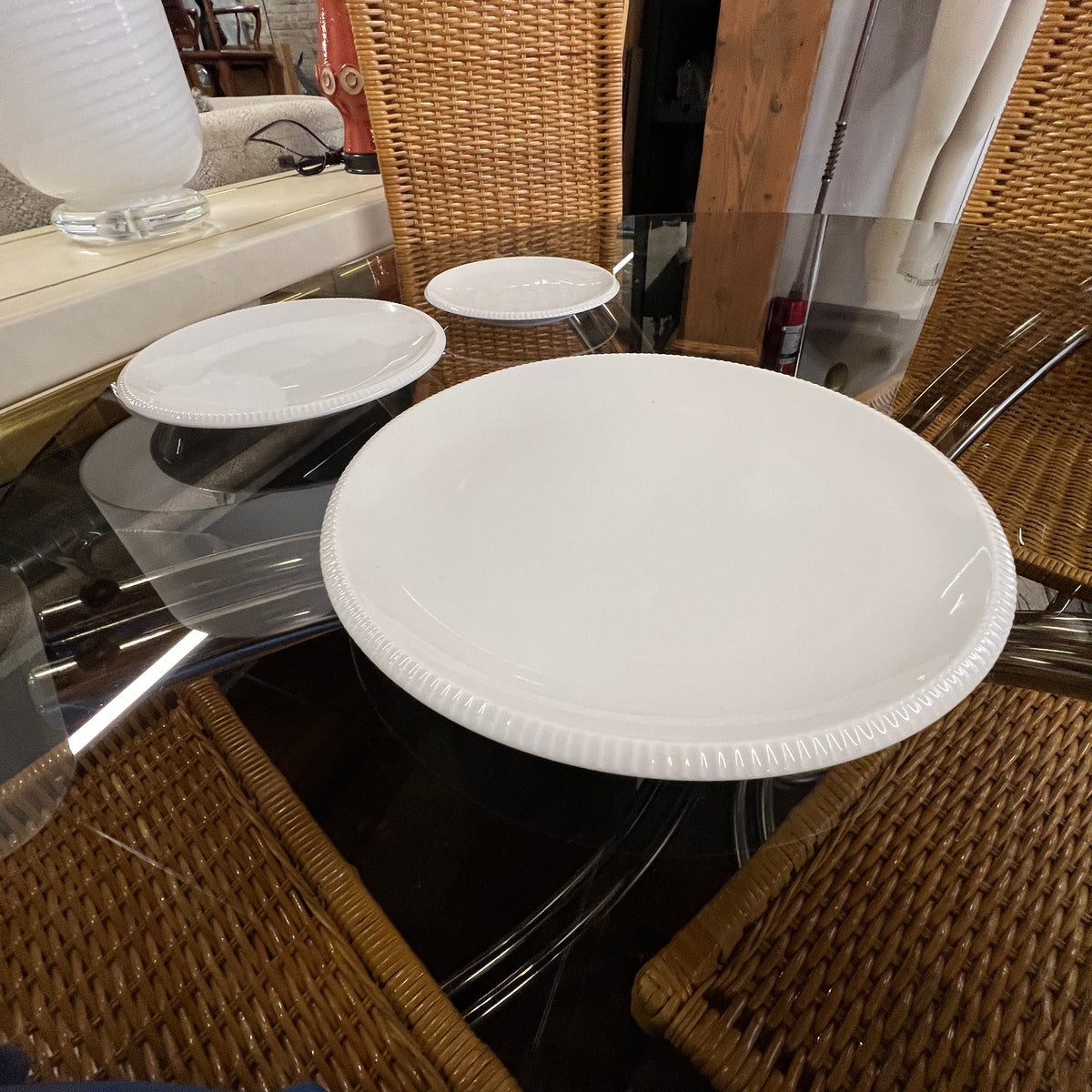 Designed by Sigvard Bernadotte for B&G. White dinner service with scalloped edges.  Dinner plates (10) , salad plates (13) and bread plates(12). Mid-Century