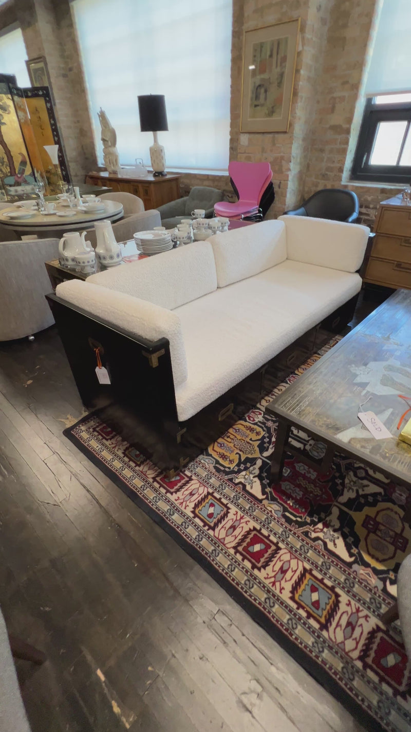 Marge Carson style campaign daybed, brass hardware and storage drawers below the bed. Cushions freshly reupholstered. Bed was freshly lacquered. ready to place.