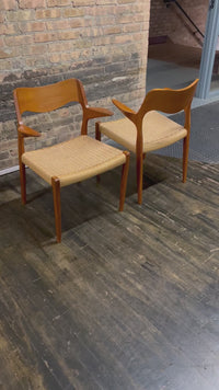 video of Pair of Niels Møller Model 55 captain's chairs in teak have Danish cord seats and beautifully sculpted teak arms that appear to float off the central frame