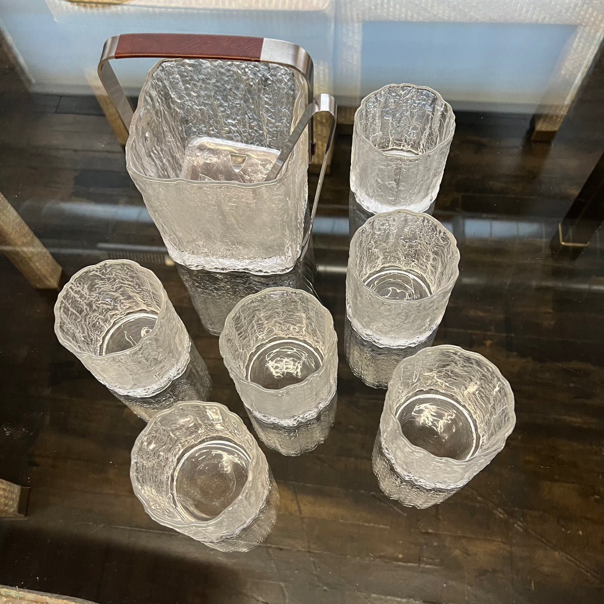 Hoya Japan Frosted Glass Ice Bucket and 6 Rocks Glasses