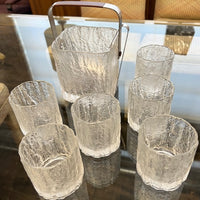 Hoya Japan a frosted glass ice bucket and rocks glasses titled Glacier,  midcentury modern glassware, barware, midcentury wedding gifts, studio Sonja Milan, Chicago, IL