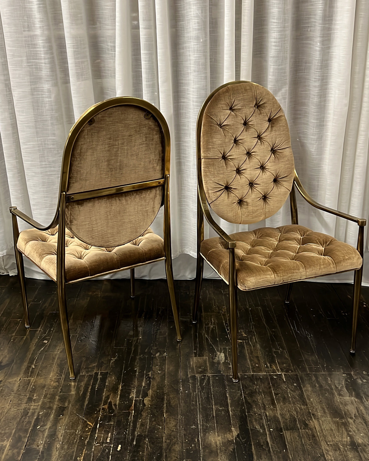 Set of 8 Mastercraft Brass Dining Chairs with Arms.  Bronze velvet upholstery.  Original excellent condition.  Hollywood regency.  Midcentury Modern Dining.  Bernhard Rohne.