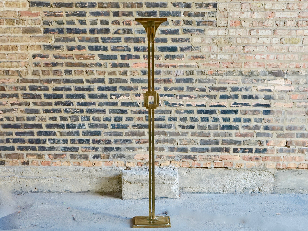 Brass floor lamp (torchiere) with an ArtDeco feel.  Stunning example of Florentine metalwork.  Stamped at the base CS Arte (Florence, Italy), attributed to Giovanni Santoni.