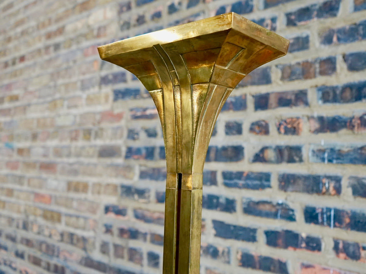 Brass floor lamp (torchiere) with an ArtDeco feel.  Stunning example of Florentine metalwork.  Stamped at the base CS Arte (Florence, Italy), attributed to Giovanni Santoni.