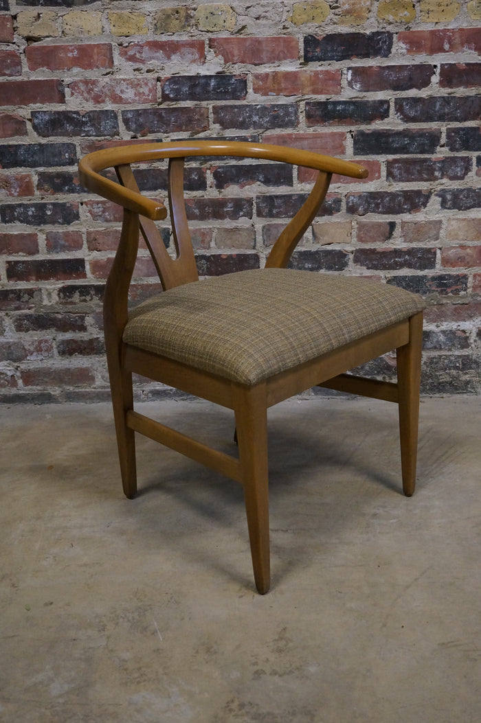 Wishbone style chair recently reupholstered in a brown tweed fabric. Walnut frame. Chicago, Studio Sonja Milan