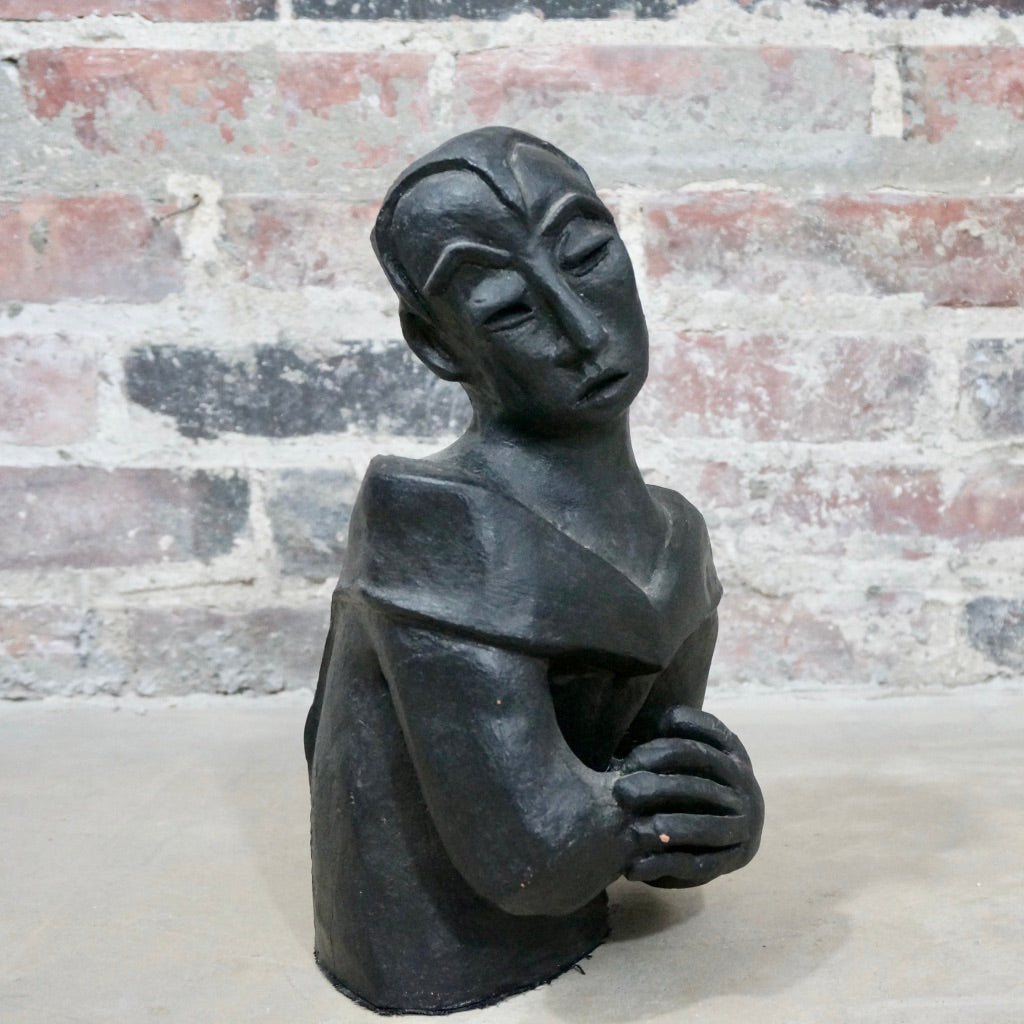 Bust of a woman by Fran Ames,  Midcentury black, moody sculpture piece.  Signed small sculpture.  Vintage, Studio Sonja Milan, Chicago, IL