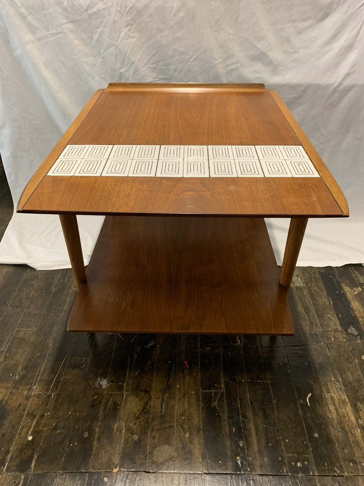 Rare mid-century lane side table, tile insert, beautiful brand trim, lower shelf.  Original condition. Studio Sonja Milan, Chicago by appointment