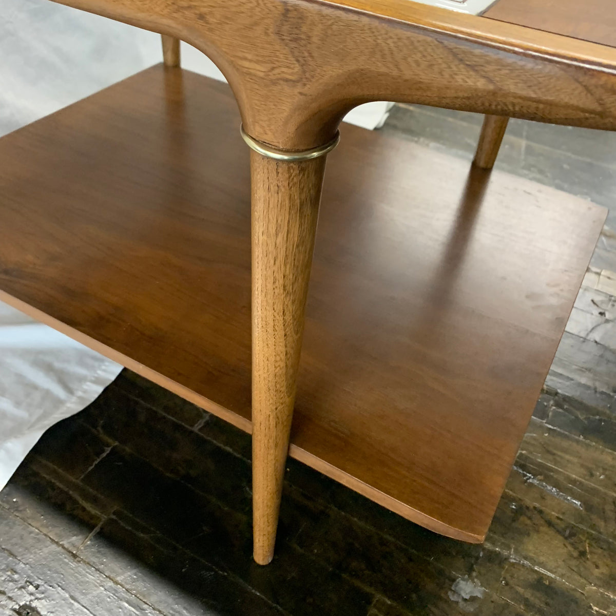 Rare mid-century lane side table, tile insert, beautiful brand trim, lower shelf.  Original condition. Studio Sonja Milan, Chicago by appointment