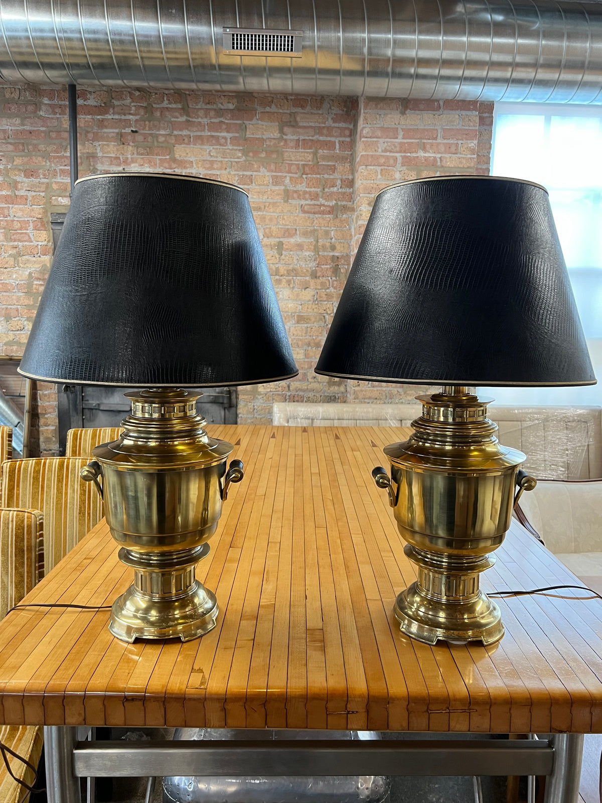 Pair of Stiffel Brass Urn Lamps, Chicago, Il