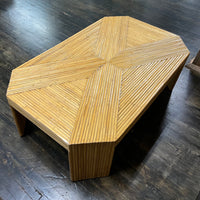 Stunning 1970s Palm Beach Style split reed bamboo coffee table. Original vintage condition.Vintage glam Palm Beach style with distinctive geometric pattern48"W x 30"D x 15"H midcentury modern, Studio Sonja Milan, Chicago, IL, granny Chic, coastal style, beach decor, 