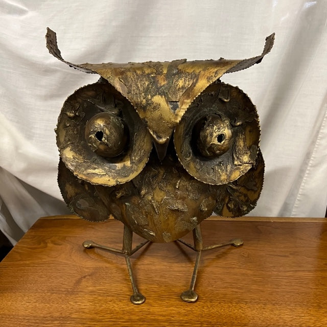 brass brutalist metal owl sculpture by C Jere signed and dated 1971