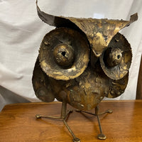 brass brutalist metal owl sculpture by C Jere signed and dated 1971.  Studio Sonja Milan, Chicago, IL