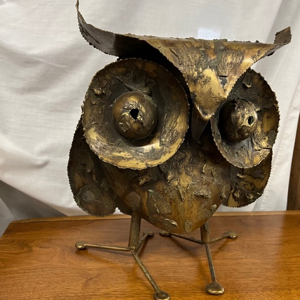 brass brutalist metal owl sculpture by C Jere signed and dated 1971.  Studio Sonja Milan, Chicago, IL