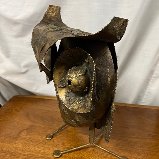 brass brutalist metal owl sculpture by C Jere signed and dated 1971. Studio Sonja Milan, Chicago, IL