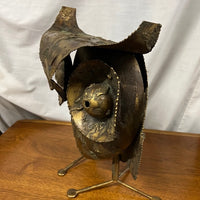 brass brutalist metal owl sculpture by C Jere signed and dated 1971. Studio Sonja Milan, Chicago, IL