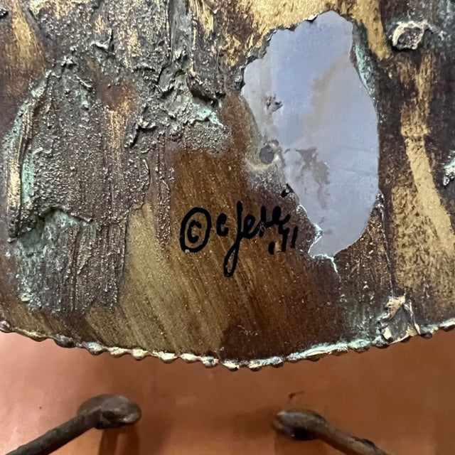 brass brutalist metal owl sculpture by C Jere signed and dated 1971. Studio Sonja Milan, Chicago, IL