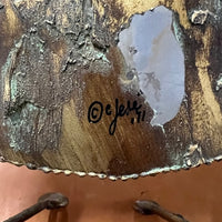 brass brutalist metal owl sculpture by C Jere signed and dated 1971. Studio Sonja Milan, Chicago, IL