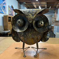 brass brutalist metal owl sculpture by C Jere signed and dated 1971. Studio Sonja Milan, Chicago, IL