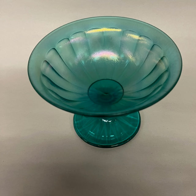 Beautiful greenish blue iridescent pedestal dish by Fenton.   No imperfections.  Lovely vintage condition.  Studio Sonja Milan, Chicago, IL