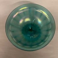 Beautiful greenish blue iridescent pedestal dish by Fenton.   No imperfections.  Lovely vintage condition.  Studio Sonja Milan, Chicago, IL