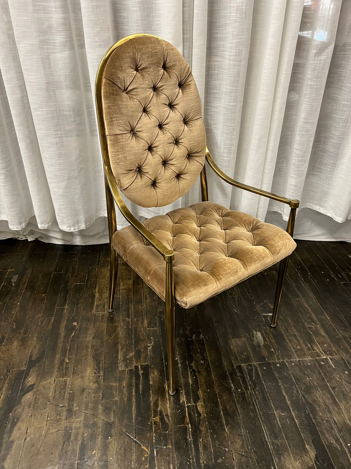 Set of 8 Mastercraft Brass Dining Chairs with Arms.  Bronze velvet upholstery.  Original excellent condition.  Hollywood regency.  Midcentury Modern Dining.  Bernhard Rohne.