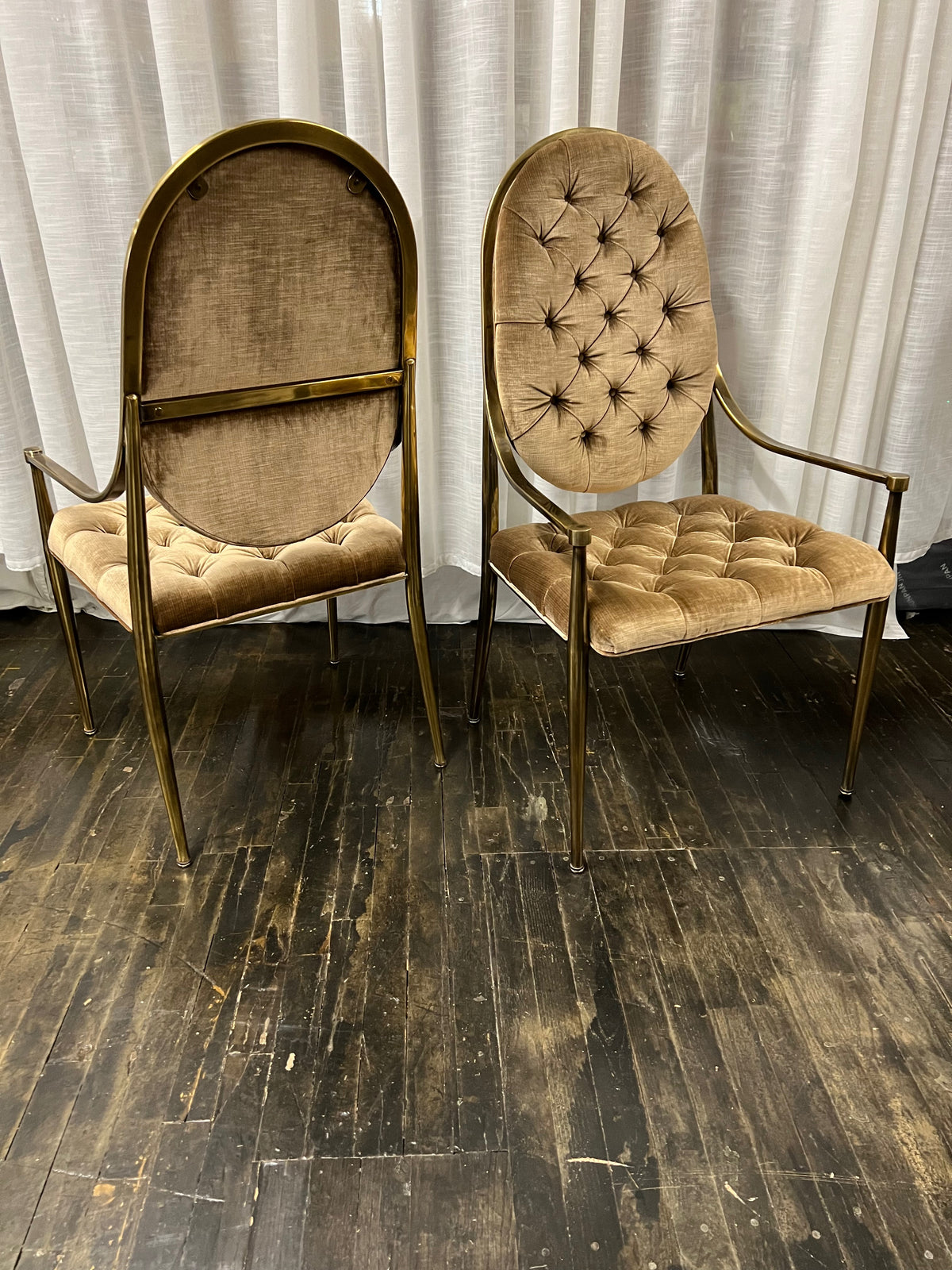 Set of 8 Mastercraft Brass Dining Chairs with Arms.  Bronze velvet upholstery.  Original excellent condition.  Hollywood regency.  Midcentury Modern Dining.  Bernhard Rohne.