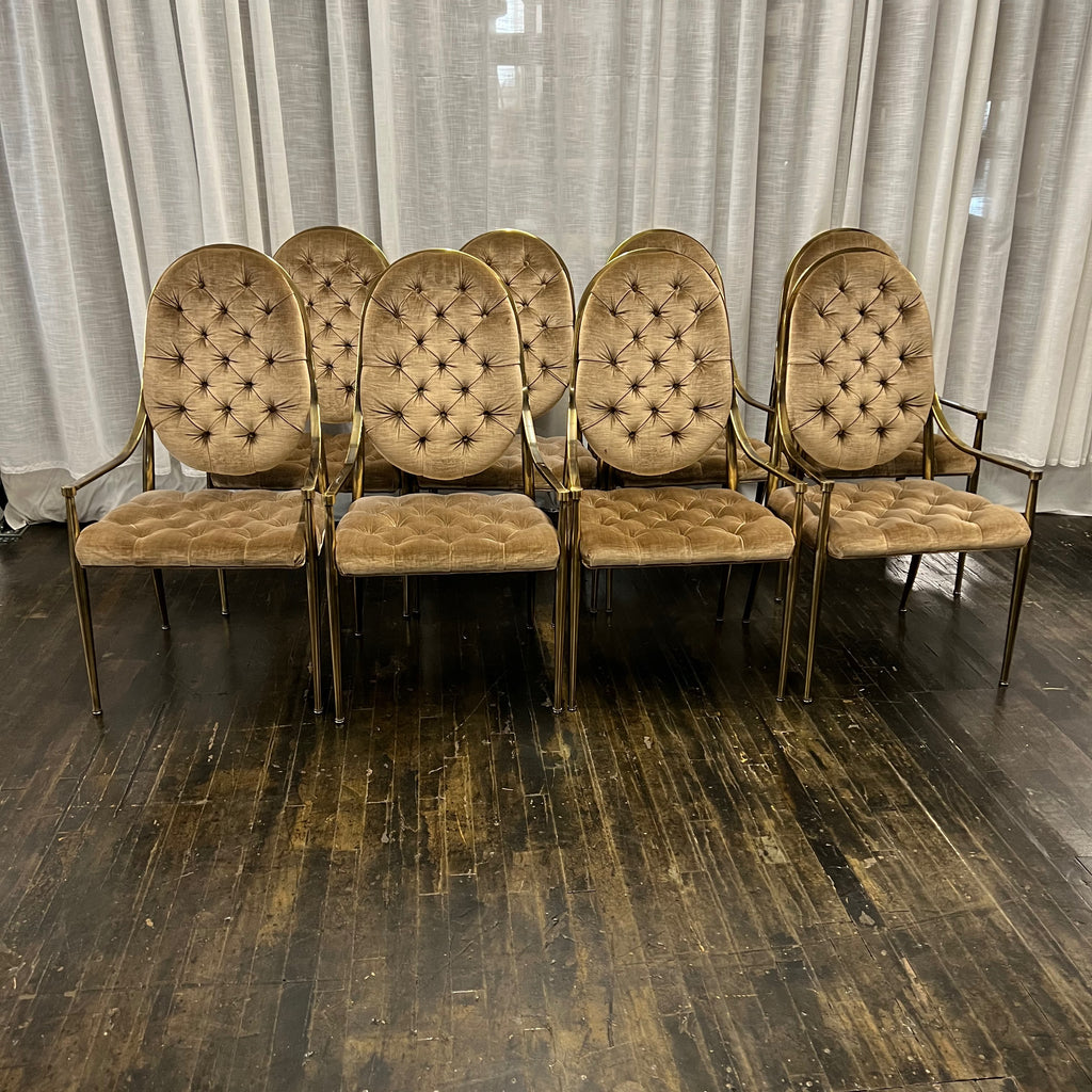 Set of 8 Armed Brass Mastercraft Dining Chairs with Tufted Velvet ...