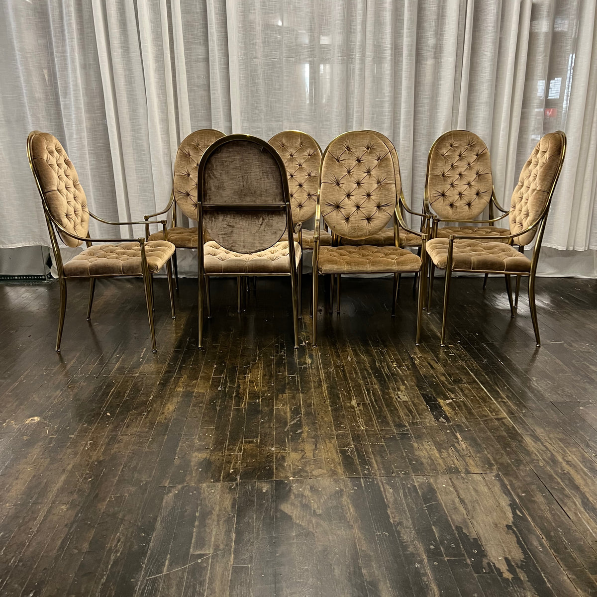 Set of 8 Mastercraft Brass Dining Chairs with Arms.  Bronze velvet upholstery.  Original excellent condition.  Hollywood regency.  Midcentury Modern Dining.  Bernhard Rohne.