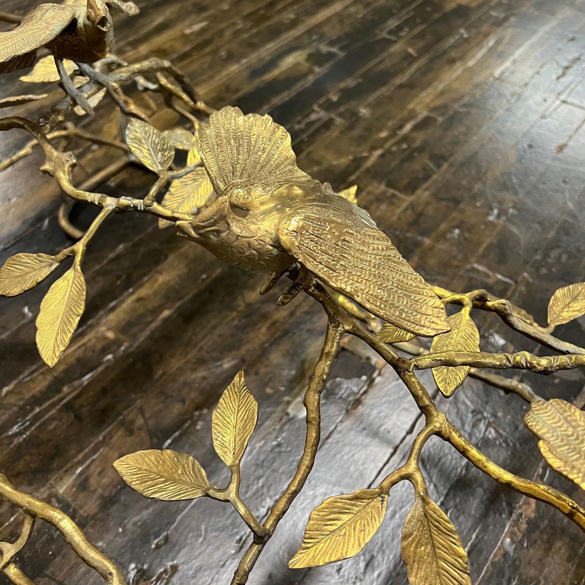 Beautiful coffee table base in the style of Giacometti.  It has a sculptural quality.  It features birds on branches. Chicago, IL, Studio Sonja Milan, midcentury coffee table, unique sculptural brass coffee table