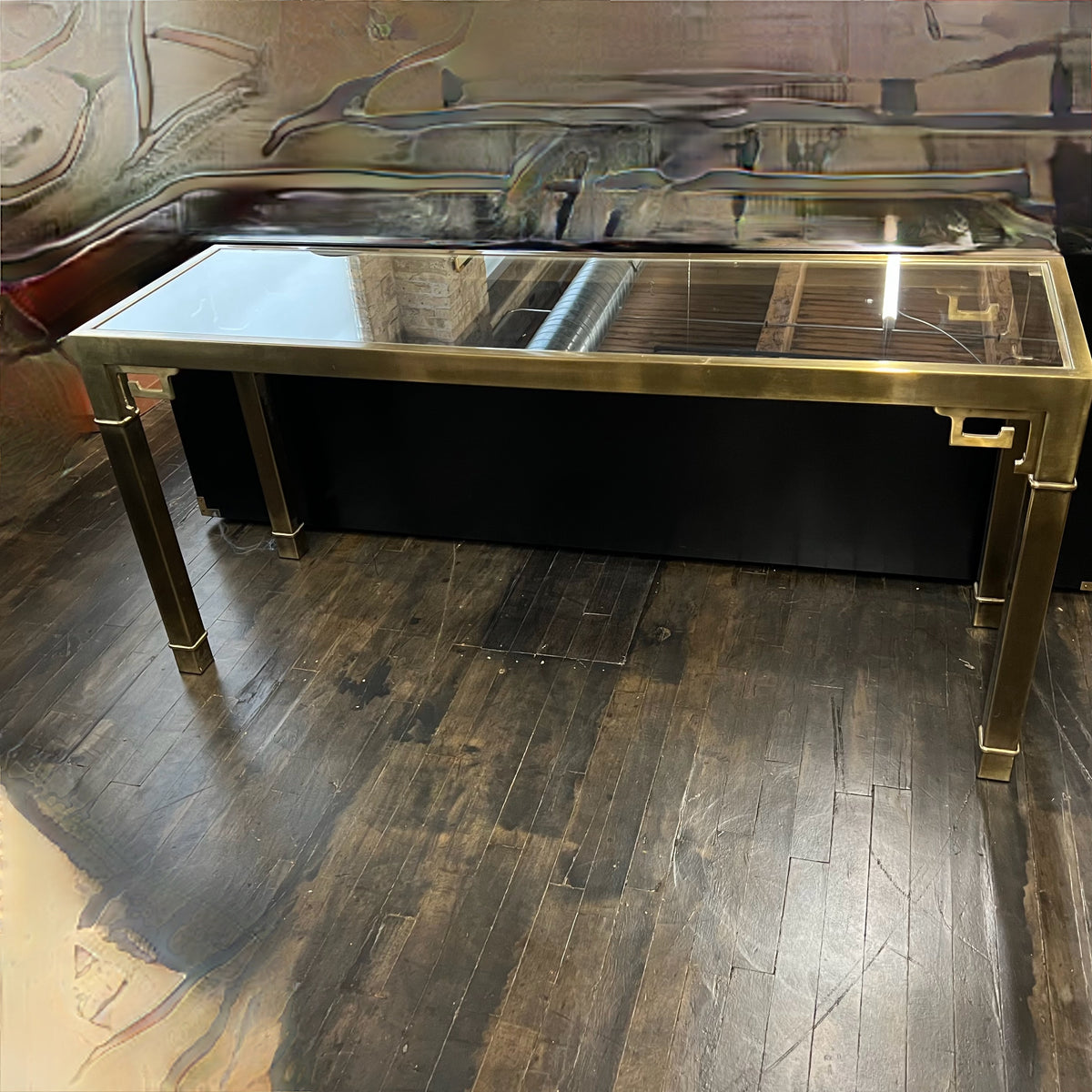 Mastercraft Greek Key Brass and Glass Console Table