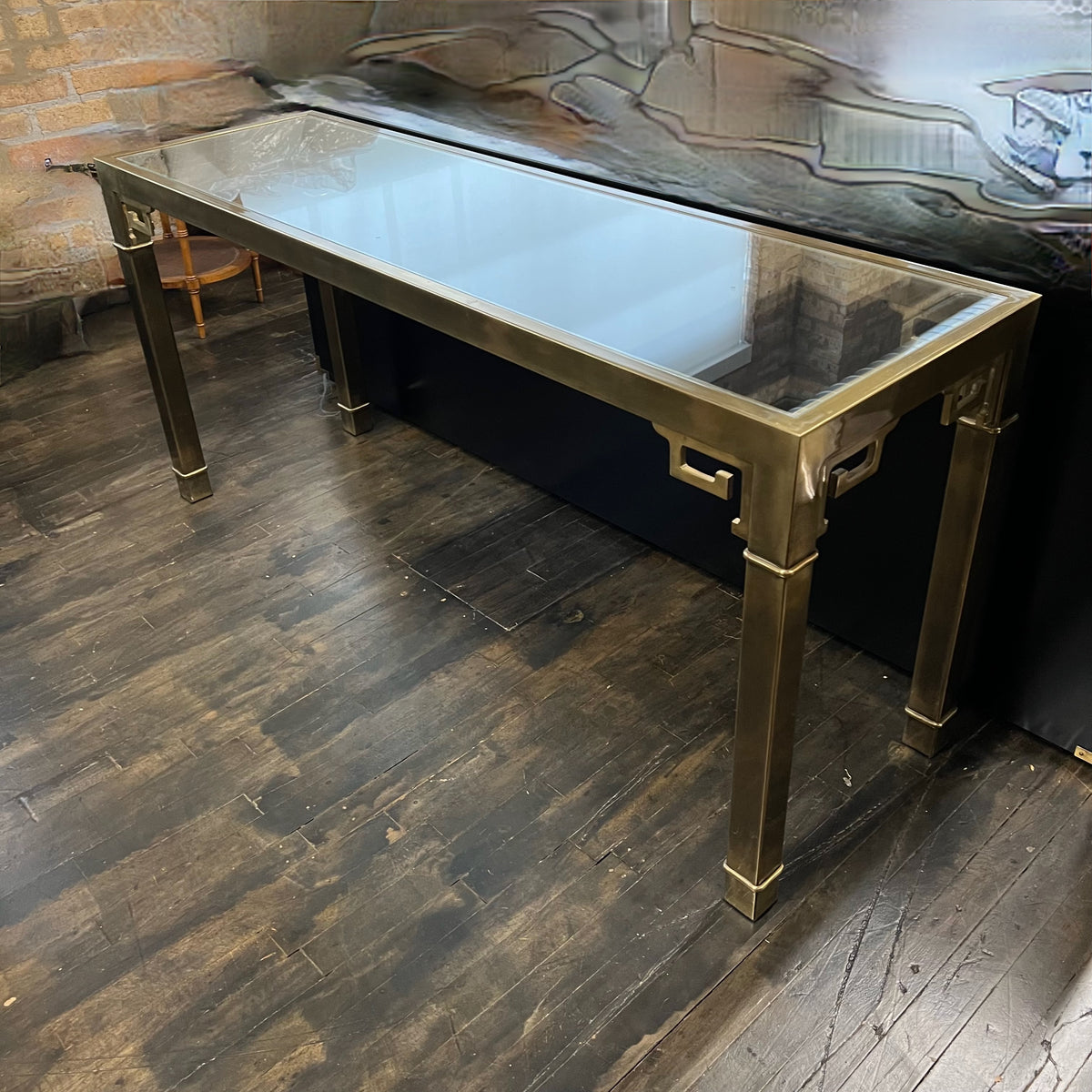 Mastercraft Greek Key Brass and Glass Console Table