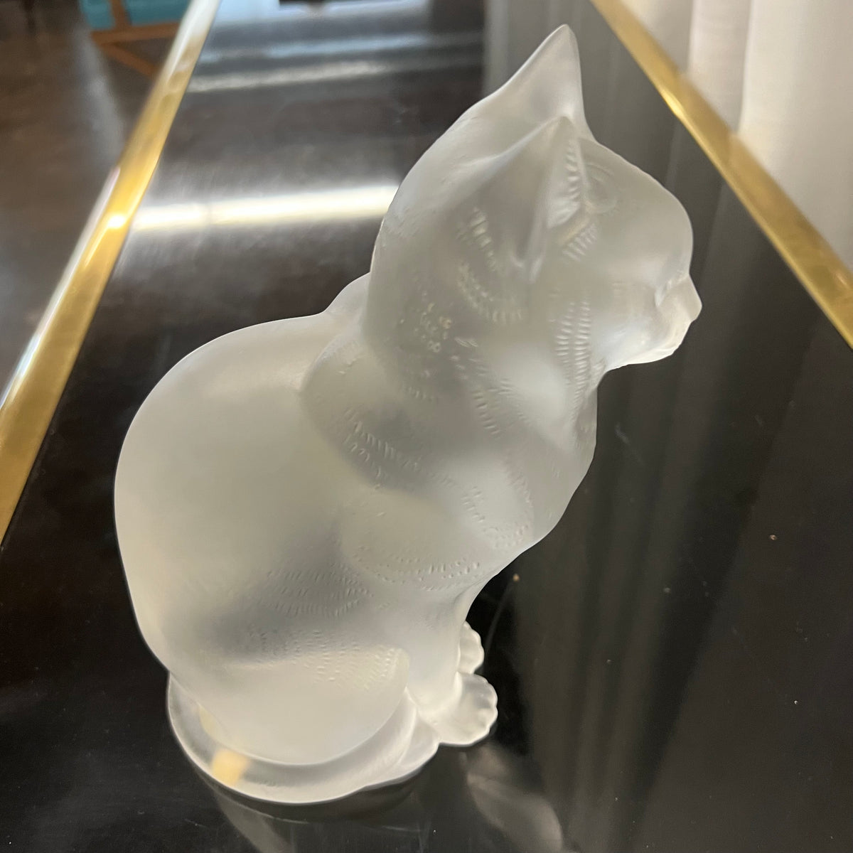 This lovely large cat sculpture by Rene Lalique. Chat Assis.  Signed Lalique cat sculpture.  Great wedding gift, gift for cat lover, Lalique signed crystal. Studio Sonja Milan, Chicago, IL