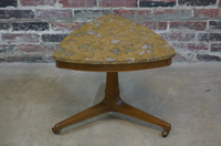 Beautiful petite side table with a pecan tripod base, small hooded brass casters and a Pernige marble (marble from Portugal with beautiful fossil detail) top. 