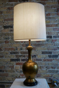 Large Mid-Century Lamp with Gilded Base and Tall Ivory Shade