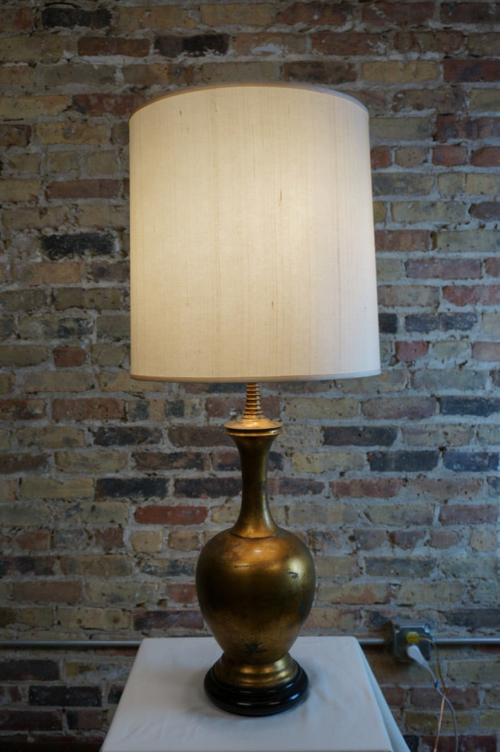 Large Mid-Century Lamp with Gilded Base and Tall Ivory Shade