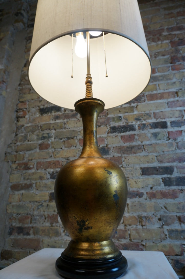 Large Mid-Century Lamp with Gilded Base and Tall Ivory Shade