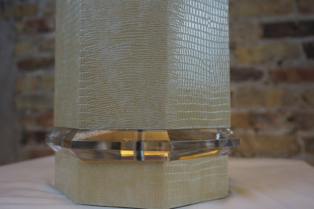 Mid-century faux snakeskin and lucite table lamp.