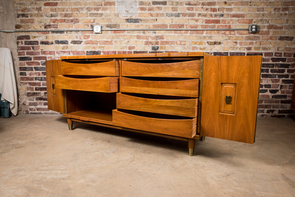 Widdicomb midcentury dresser of sideboard.  Beautiful wood grain and lovely brass hardware.