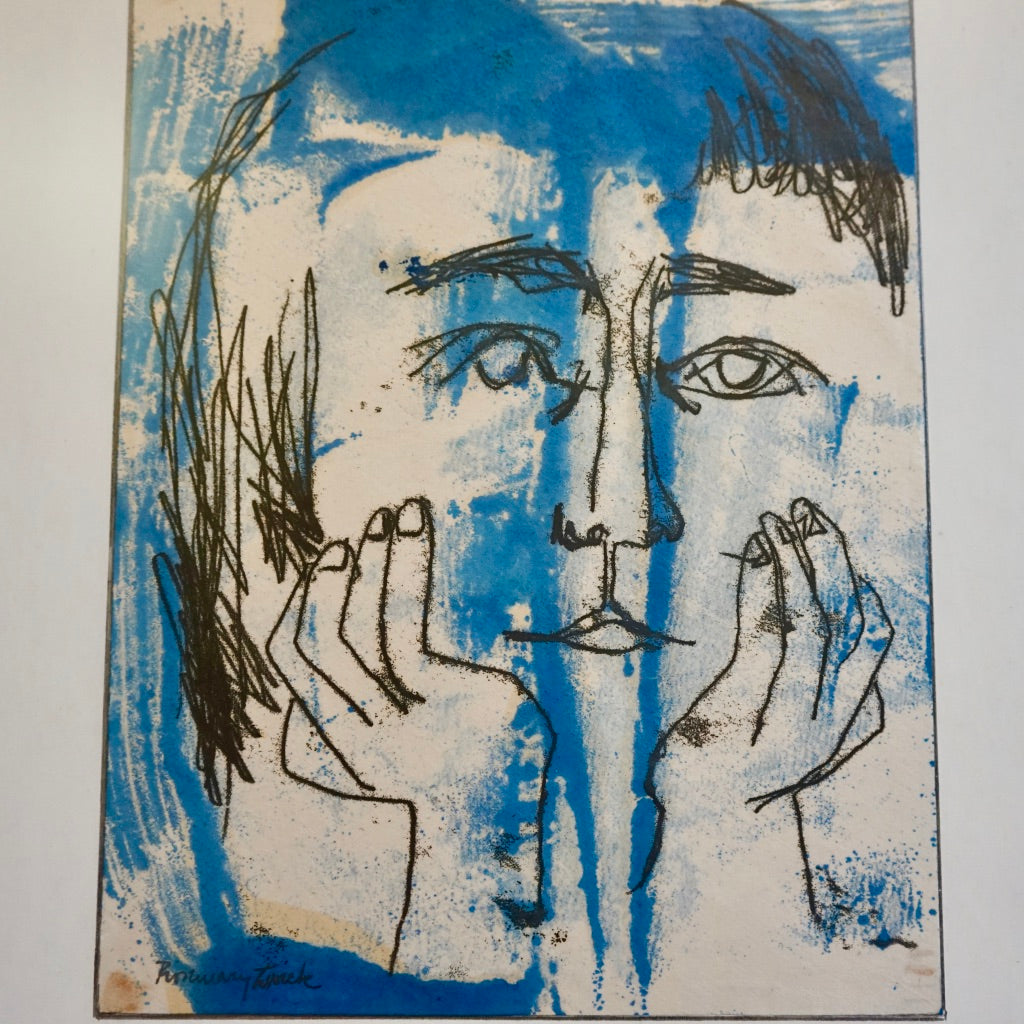 Original Artwork Framed Mid-Century Figure in Blue by Rosemary