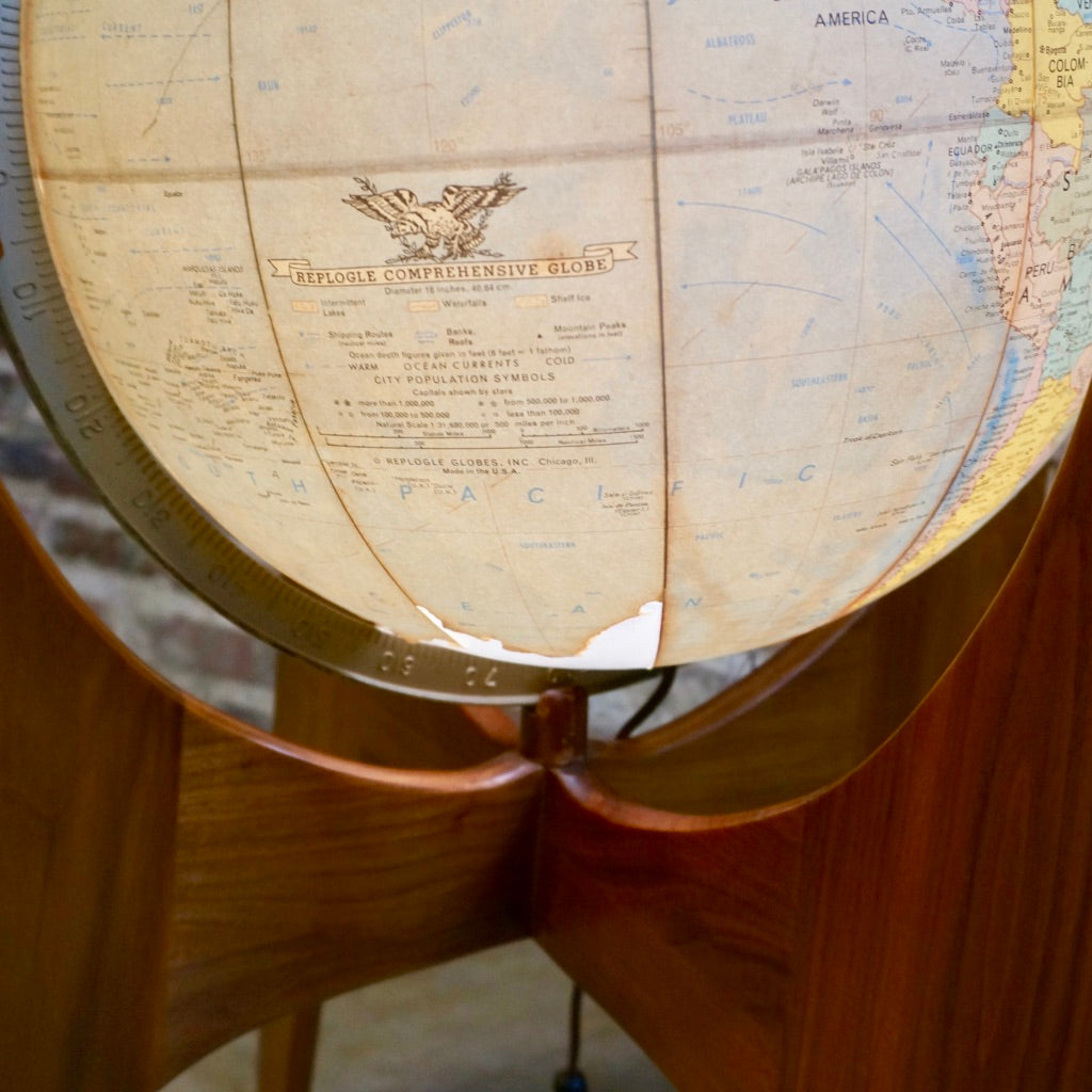 Loss to paper on Pearsall globe, Mid-century modern globe on walnut stand