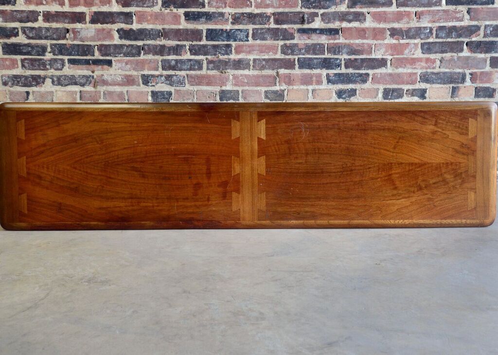 From Lane's Acclaim collection, circa 1960's, this extra long surfboard coffee table is a timeless classic. Top was just restored. 