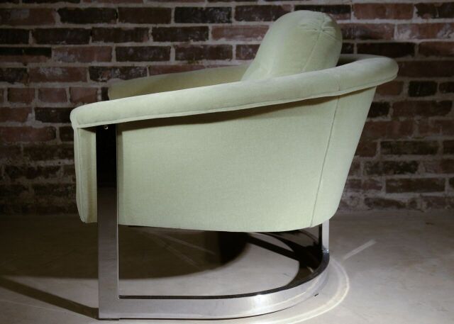 selig tub chair, chrome base, green mohair upholstery pair