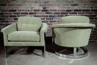 selig tub chair, chrome base, green mohair upholstery pair