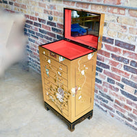 Tall Hand Painted Asian Vintage Jewelry Cabinet with Gold Leaf
